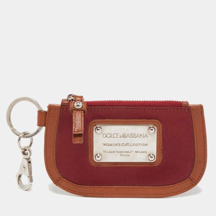 Pre Owned Dolce & Gabbana Burgundy/Brown Satin and Leather Logo Plague Zip Purse