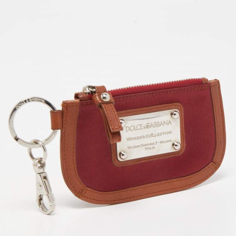 Pre Owned Dolce & Gabbana Burgundy/Brown Satin and Leather Logo Plague Zip Purse