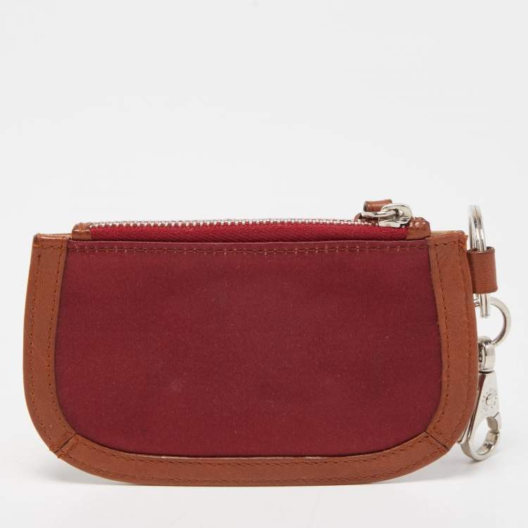 Pre Owned Dolce & Gabbana Burgundy/Brown Satin and Leather Logo Plague Zip Purse
