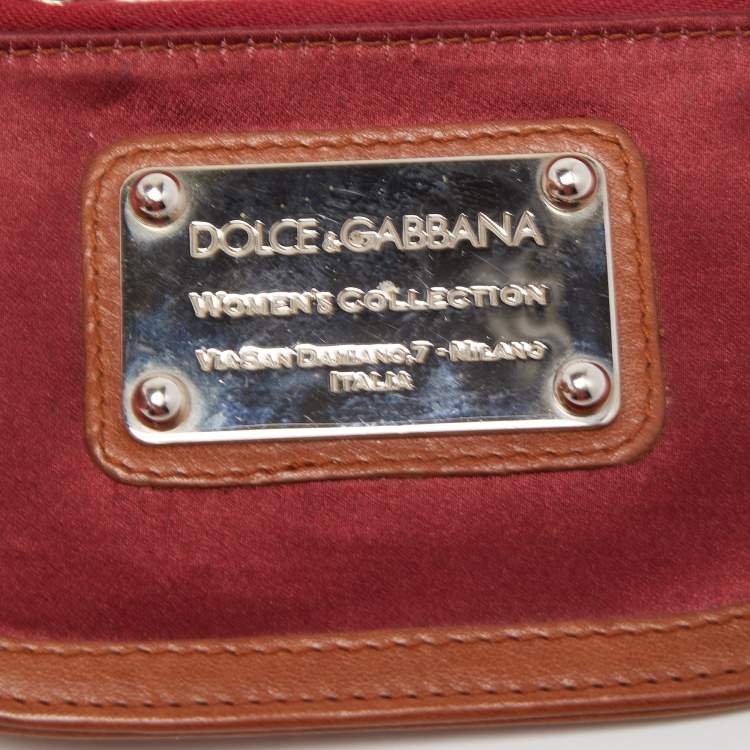 Pre Owned Dolce & Gabbana Burgundy/Brown Satin and Leather Logo Plague Zip Purse