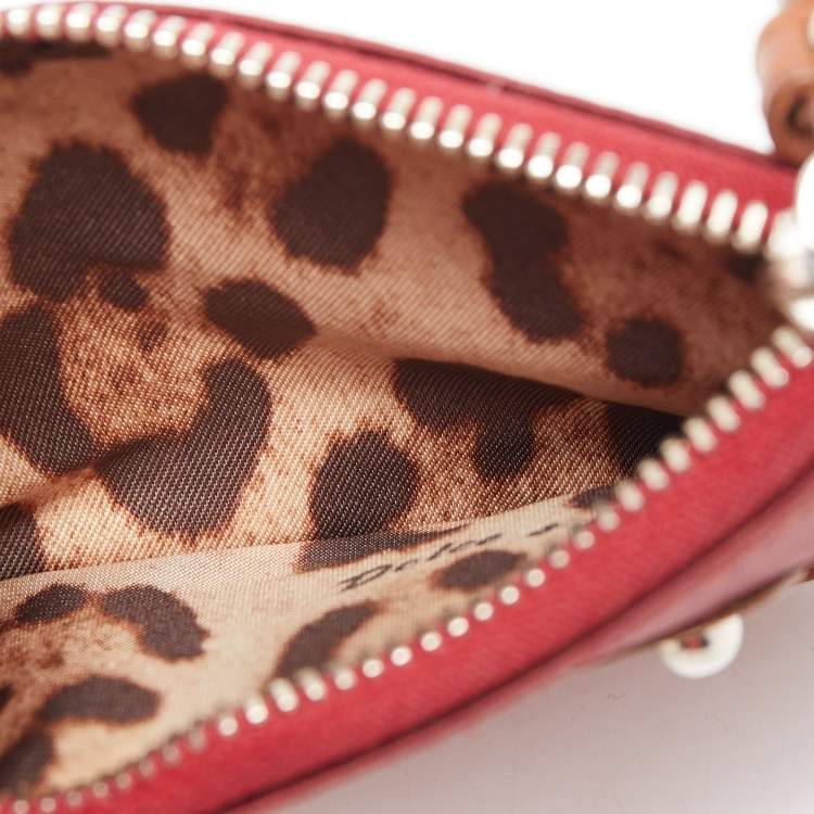Pre Owned Dolce & Gabbana Burgundy/Brown Satin and Leather Logo Plague Zip Purse