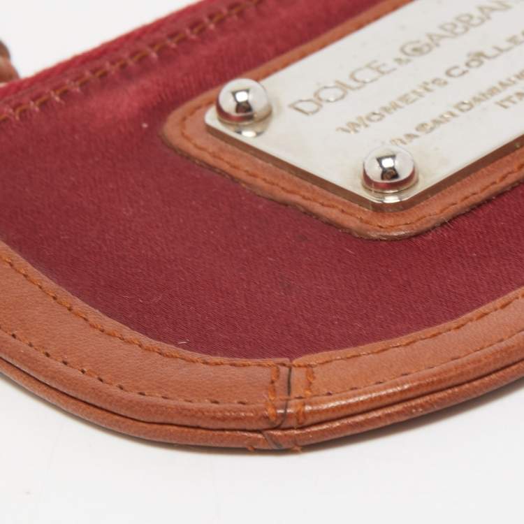 Pre Owned Dolce & Gabbana Burgundy/Brown Satin and Leather Logo Plague Zip Purse