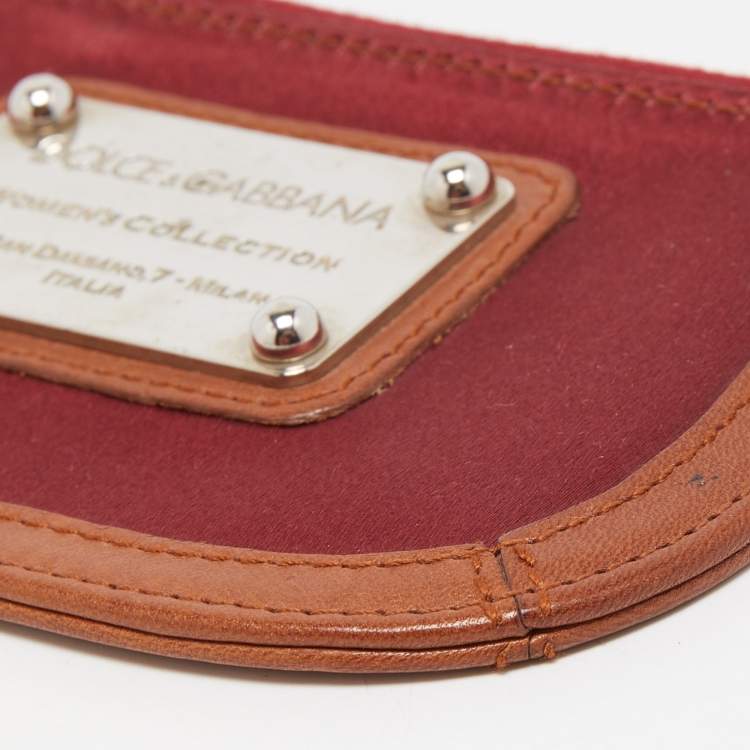 Pre Owned Dolce & Gabbana Burgundy/Brown Satin and Leather Logo Plague Zip Purse
