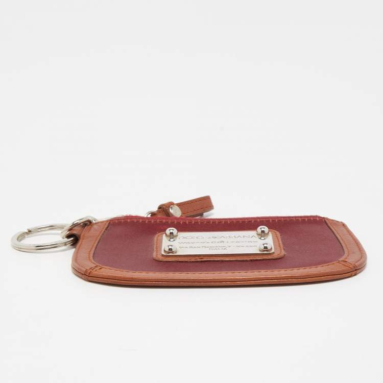 Pre Owned Dolce & Gabbana Burgundy/Brown Satin and Leather Logo Plague Zip Purse