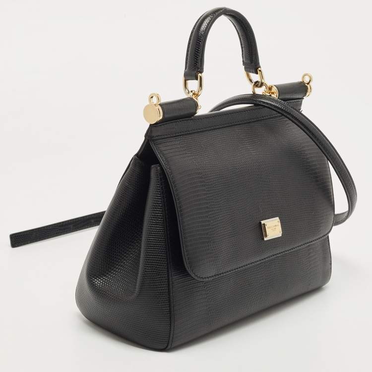Pre Owned Dolce & Gabbana Black Lizard Embossed Leather Medium Miss Sicily Top Handle Bag
