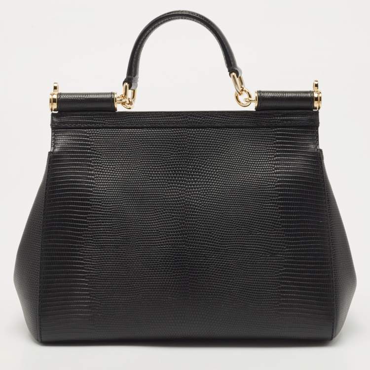 Pre Owned Dolce & Gabbana Black Lizard Embossed Leather Medium Miss Sicily Top Handle Bag
