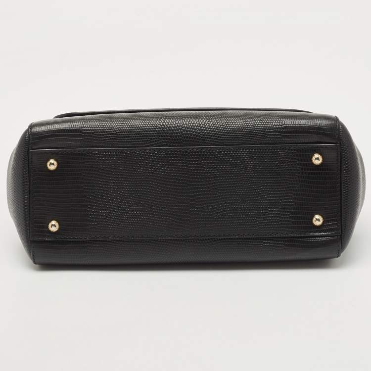 Pre Owned Dolce & Gabbana Black Lizard Embossed Leather Medium Miss Sicily Top Handle Bag