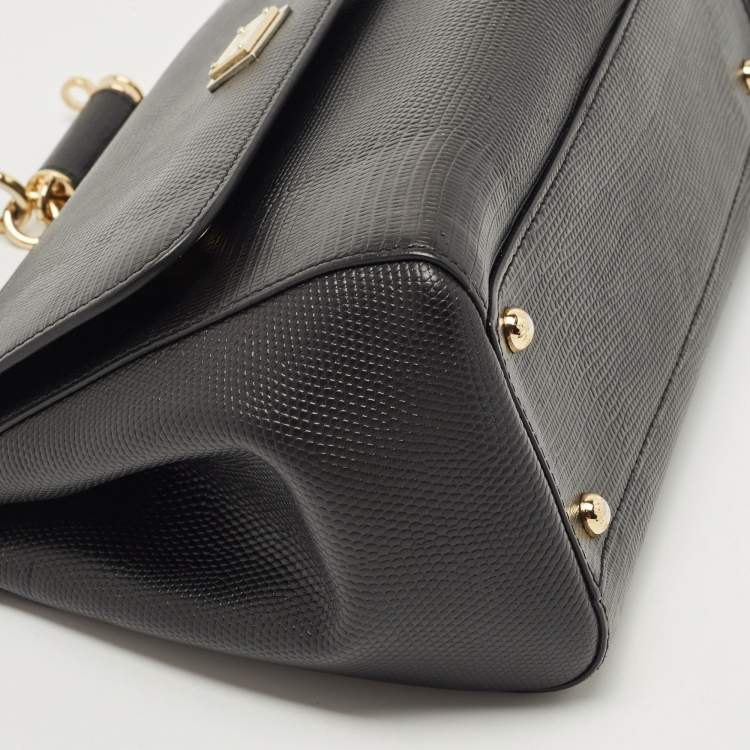 Pre Owned Dolce & Gabbana Black Lizard Embossed Leather Medium Miss Sicily Top Handle Bag