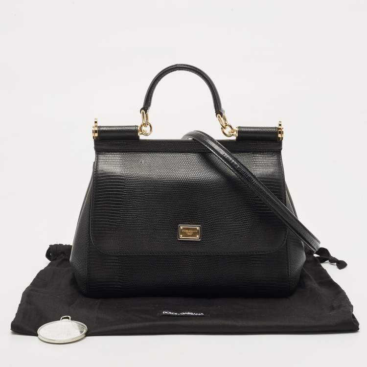 Pre Owned Dolce & Gabbana Black Lizard Embossed Leather Medium Miss Sicily Top Handle Bag