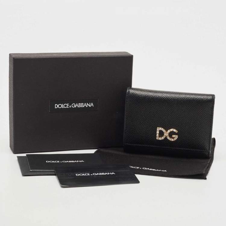 Pre Owned Dolce & Gabbana Black Leather DG Crystals Trifold Wallet