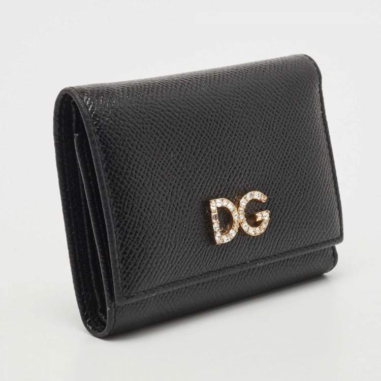 Pre Owned Dolce & Gabbana Black Leather DG Crystals Trifold Wallet