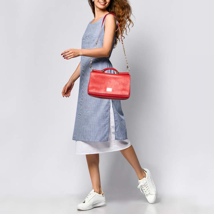 Pre Owned Dolce & Gabbana Red Leather Flap Top Handle Bag 
