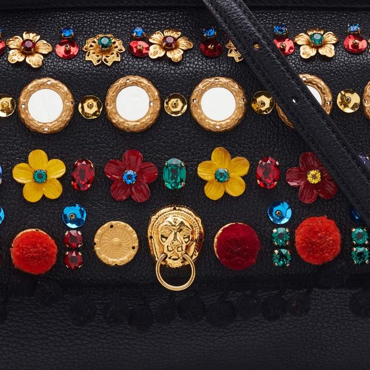 Pre Owned Dolce & Gabbana Black Leather Medium Embellished Sicily Top Handle Bag
