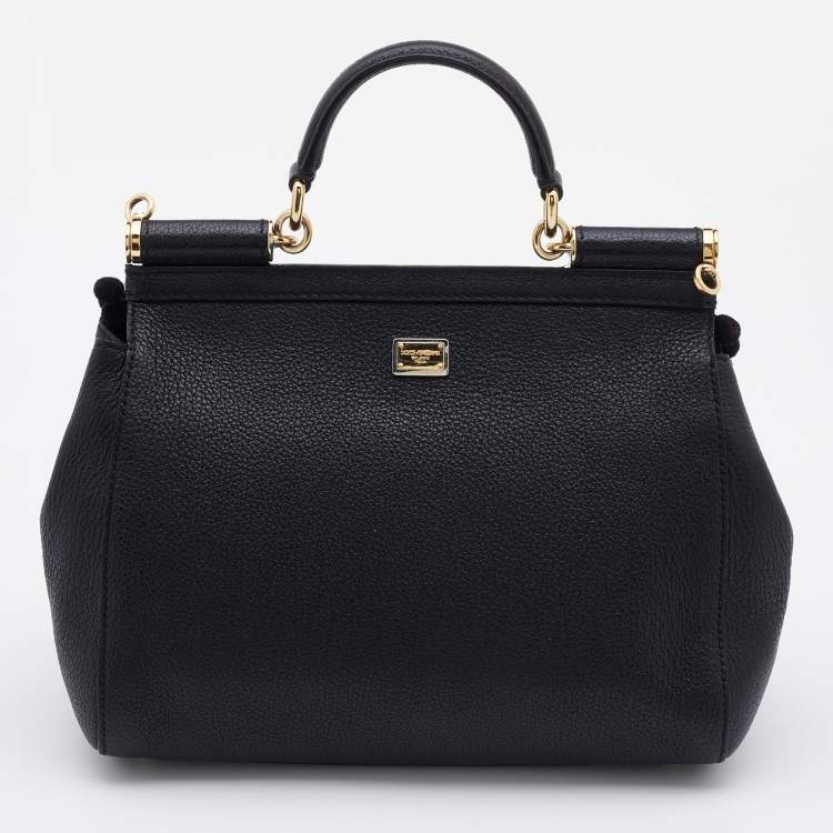 Pre Owned Dolce & Gabbana Black Leather Medium Embellished Sicily Top Handle Bag