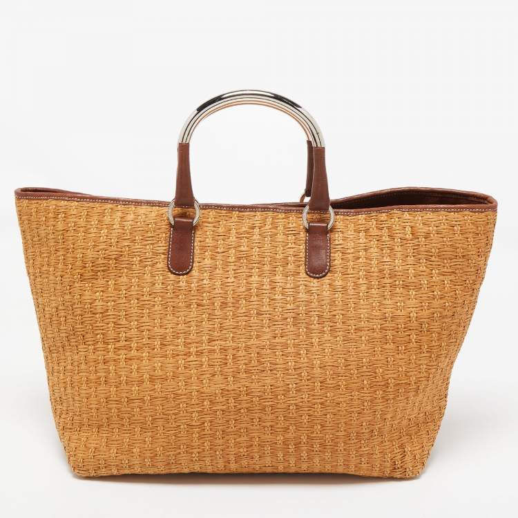Pre Owned Dolce & Gabbana Brown Raffia And Leather Miss Elsie Tote