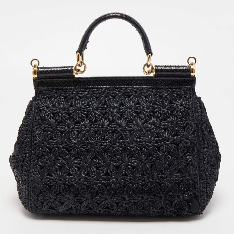 Pre Owned Dolce & Gabbana Black Crochet Raffia and Snakeskin Leather Medium Miss Sicily Top Handle Bag