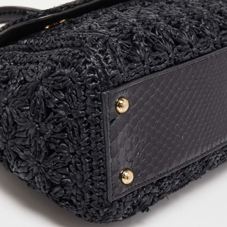 Pre Owned Dolce & Gabbana Black Crochet Raffia and Snakeskin Leather Medium Miss Sicily Top Handle Bag