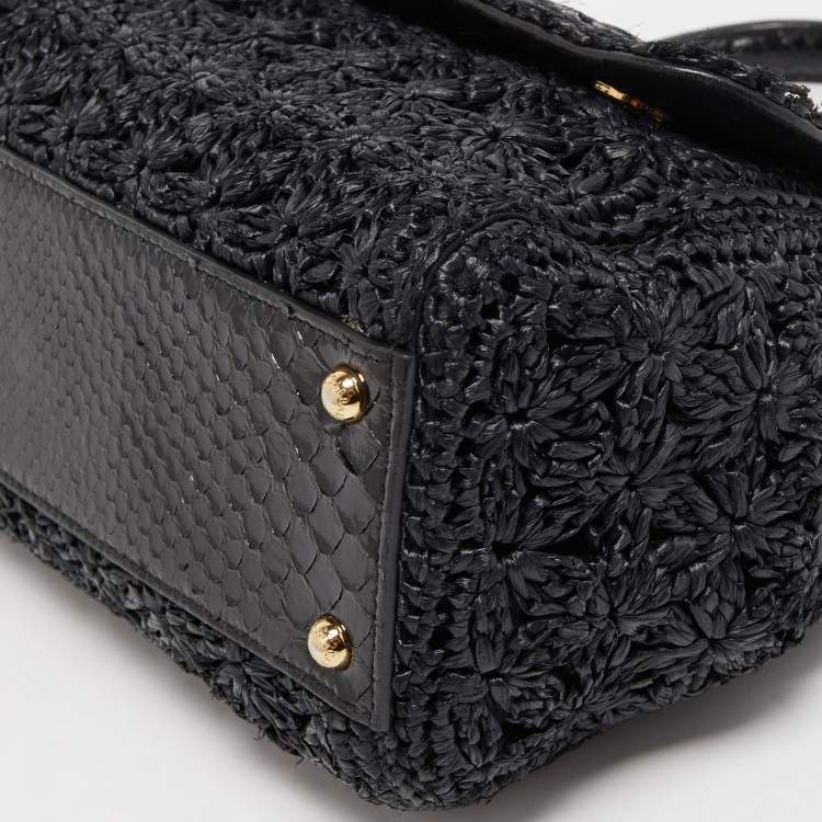 Pre Owned Dolce & Gabbana Black Crochet Raffia and Snakeskin Leather Medium Miss Sicily Top Handle Bag