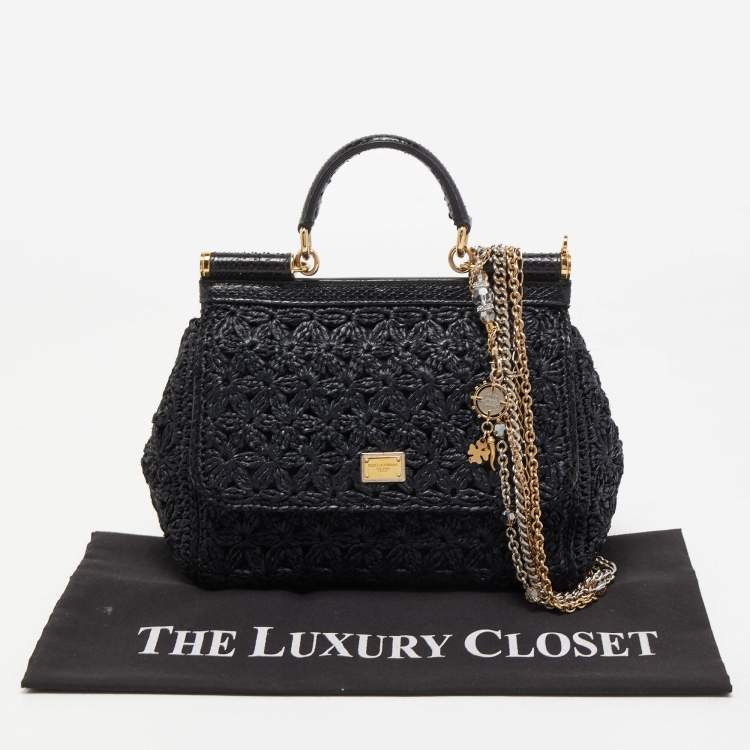 Pre Owned Dolce & Gabbana Black Crochet Raffia and Snakeskin Leather Medium Miss Sicily Top Handle Bag