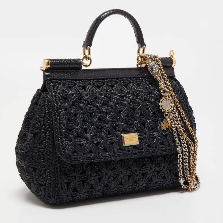 Pre Owned Dolce & Gabbana Black Crochet Raffia and Snakeskin Leather Medium Miss Sicily Top Handle Bag