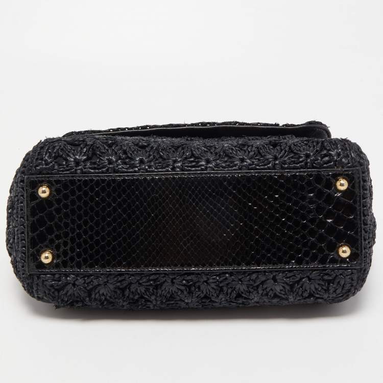 Pre Owned Dolce & Gabbana Black Crochet Raffia and Snakeskin Leather Medium Miss Sicily Top Handle Bag