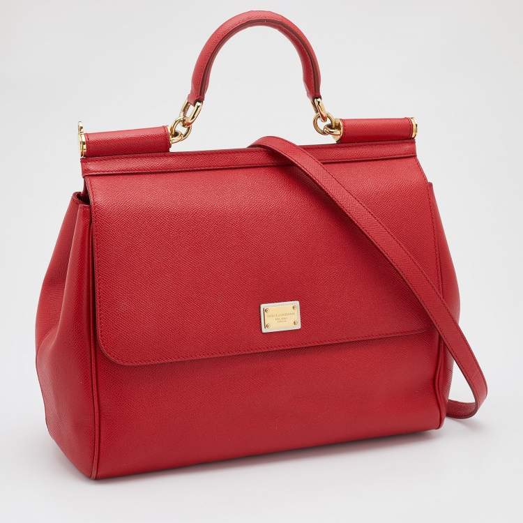 Pre Owned Dolce & Gabbana Red Leather Large Miss Sicily Top Handle Bag