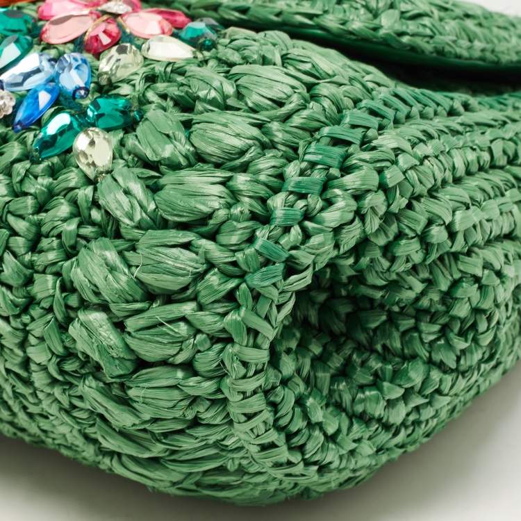 Pre Owned Dolce & Gabbana Green Straw Crystal Embellished Miss Bonita Shoulder Bag