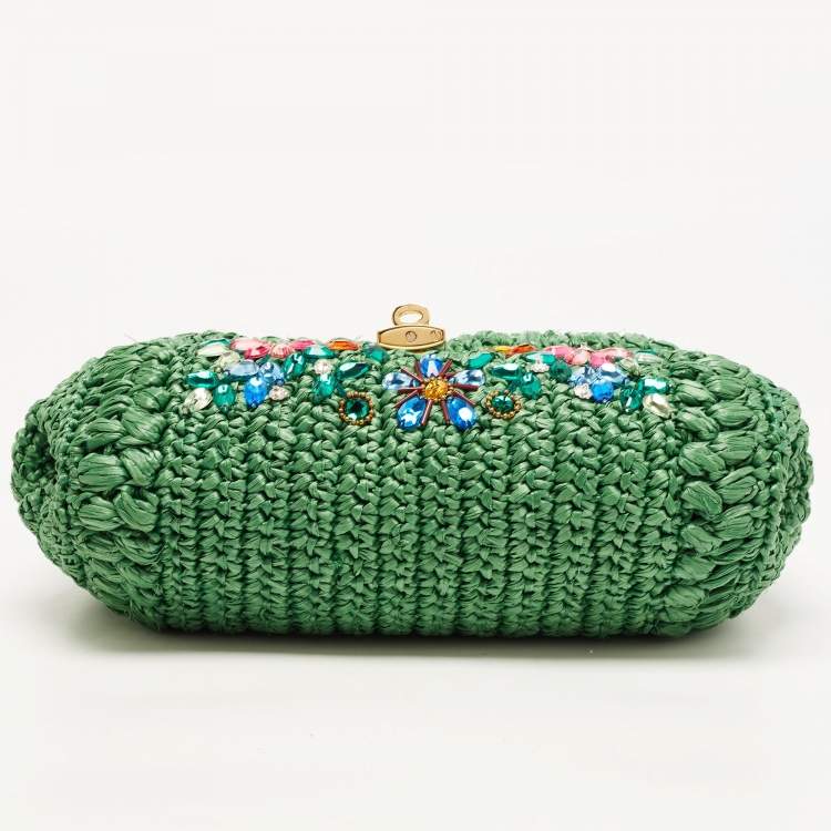 Pre Owned Dolce & Gabbana Green Straw Crystal Embellished Miss Bonita Shoulder Bag