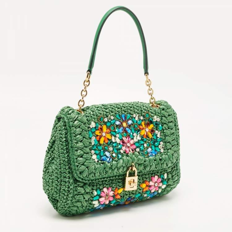 Pre Owned Dolce & Gabbana Green Straw Crystal Embellished Miss Bonita Shoulder Bag