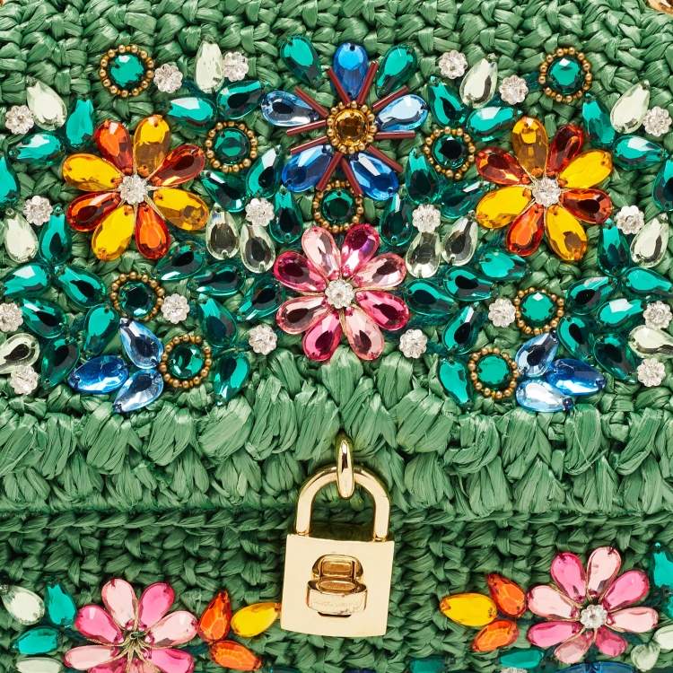 Pre Owned Dolce & Gabbana Green Straw Crystal Embellished Miss Bonita Shoulder Bag