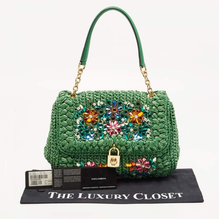 Pre Owned Dolce & Gabbana Green Straw Crystal Embellished Miss Bonita Shoulder Bag