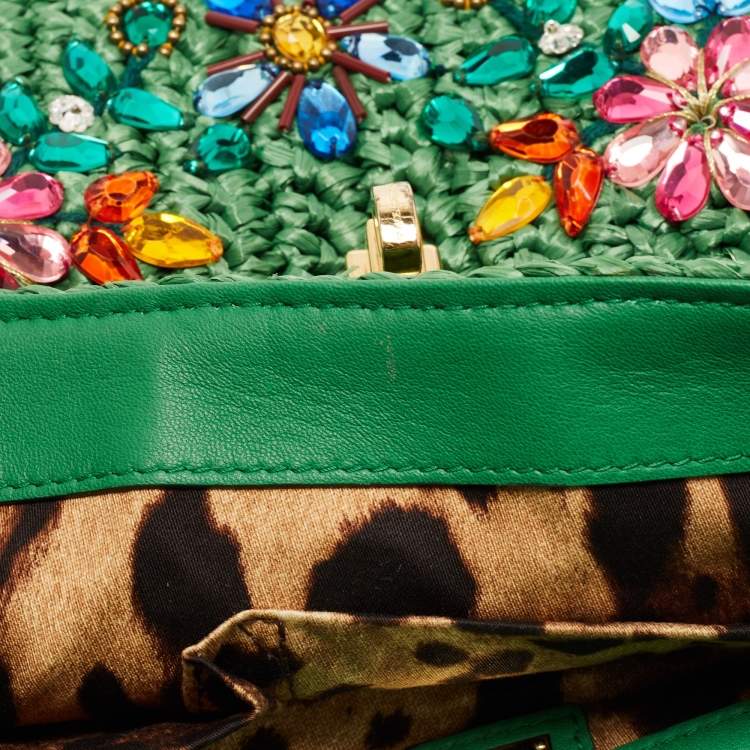 Pre Owned Dolce & Gabbana Green Straw Crystal Embellished Miss Bonita Shoulder Bag