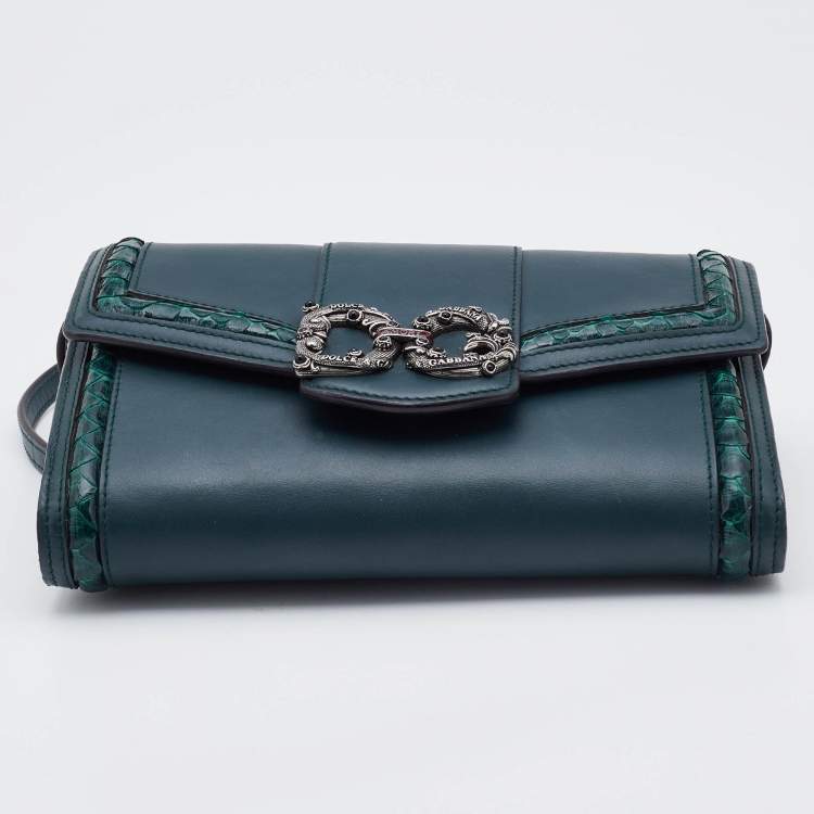Pre Owned Dolce & Gabbana Green Leather and Python DG Amore Crossbody Bag