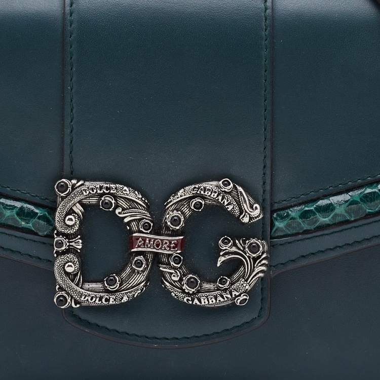 Pre Owned Dolce & Gabbana Green Leather and Python DG Amore Crossbody Bag