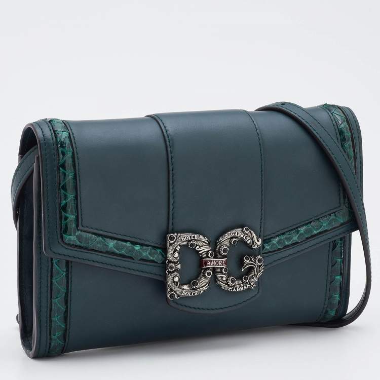 Pre Owned Dolce & Gabbana Green Leather and Python DG Amore Crossbody Bag