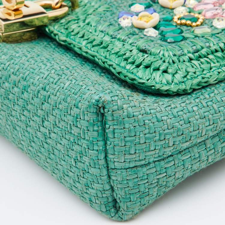 Pre Owned Dolce & Gabbana Green Raffia and Leather Crystals Embellished Padlock Shoulder Bag