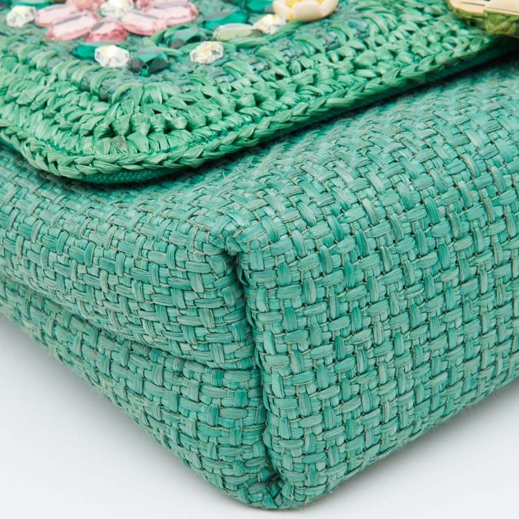 Pre Owned Dolce & Gabbana Green Raffia and Leather Crystals Embellished Padlock Shoulder Bag