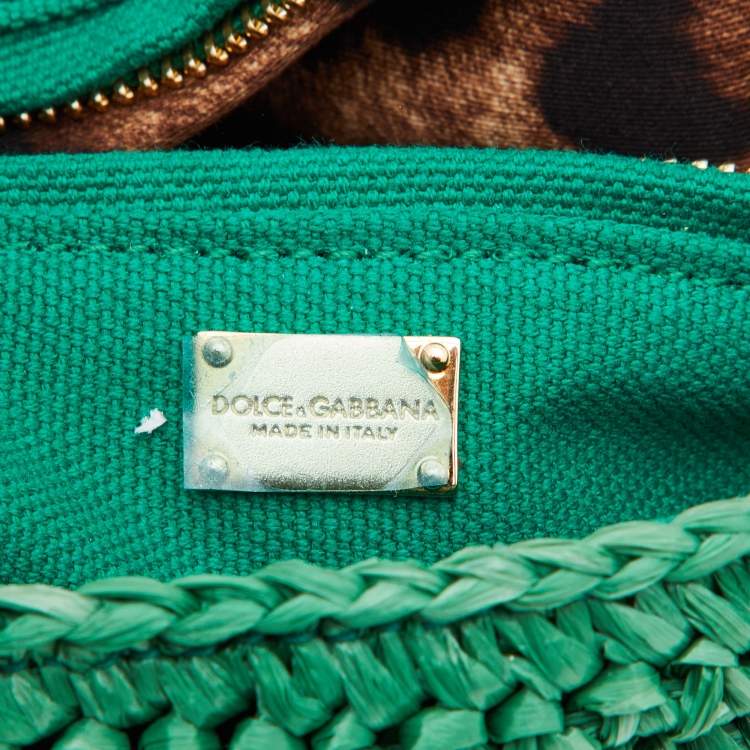 Pre Owned Dolce & Gabbana Green Raffia and Leather Crystals Embellished Padlock Shoulder Bag