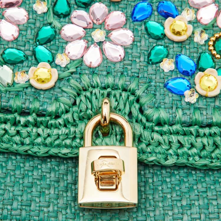 Pre Owned Dolce & Gabbana Green Raffia and Leather Crystals Embellished Padlock Shoulder Bag