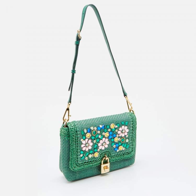 Pre Owned Dolce & Gabbana Green Raffia and Leather Crystals Embellished Padlock Shoulder Bag