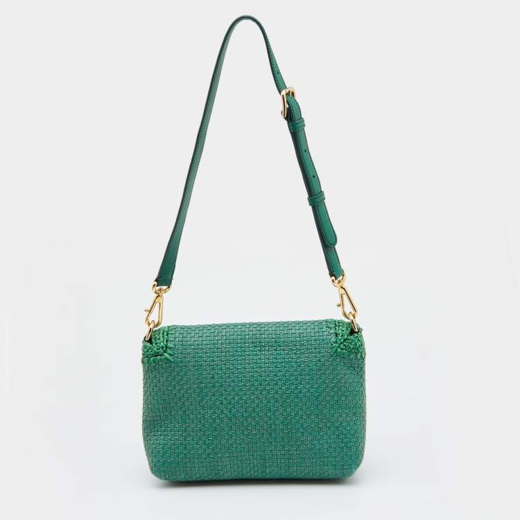Pre Owned Dolce & Gabbana Green Raffia and Leather Crystals Embellished Padlock Shoulder Bag