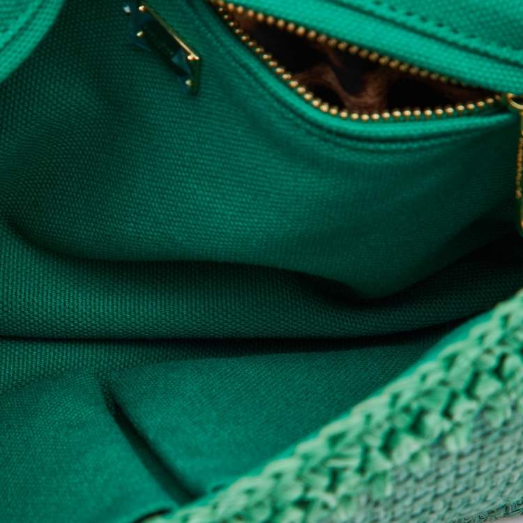 Pre Owned Dolce & Gabbana Green Raffia and Leather Crystals Embellished Padlock Shoulder Bag