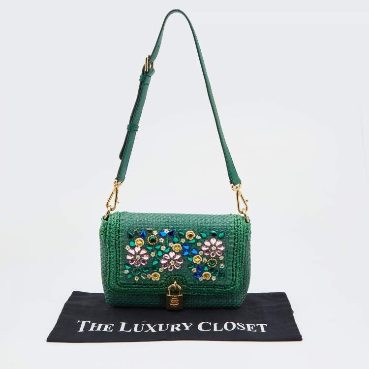 Pre Owned Dolce & Gabbana Green Raffia and Leather Crystals Embellished Padlock Shoulder Bag