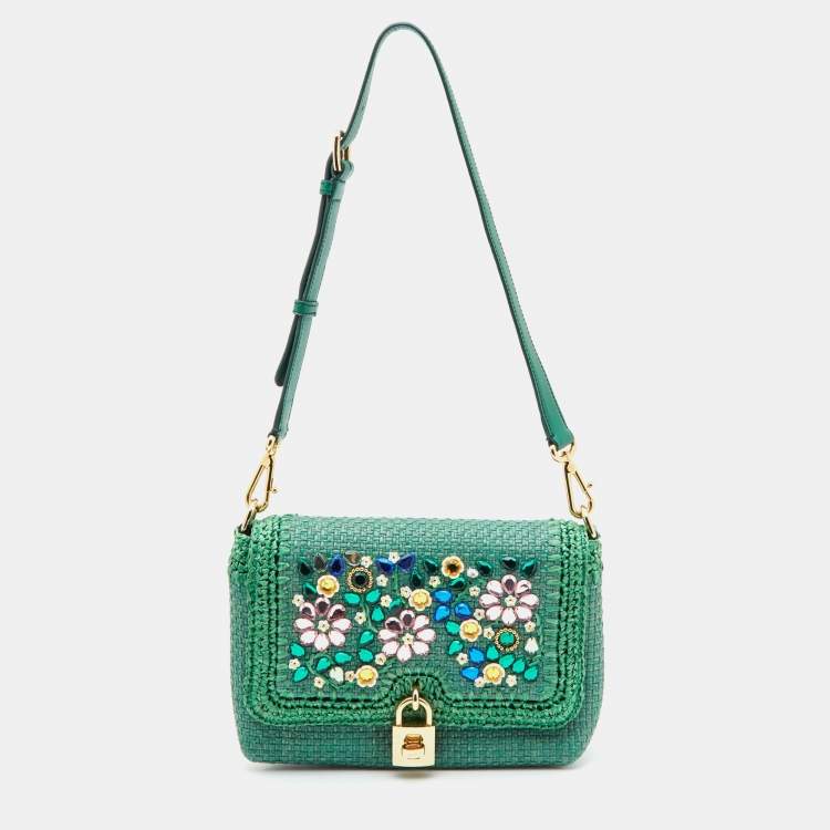 Pre Owned Dolce & Gabbana Green Raffia and Leather Crystals Embellished Padlock Shoulder Bag
