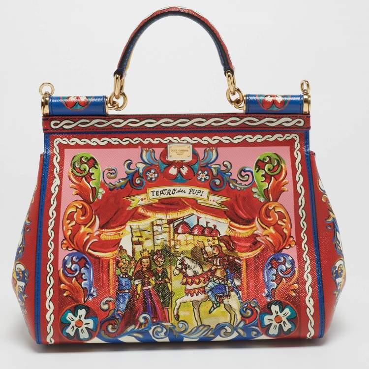 Pre Owned Dolce & Gabbana Multicolor Teatro Dei Pupi Print Leather Medium Miss Sicily Top Handle Bag