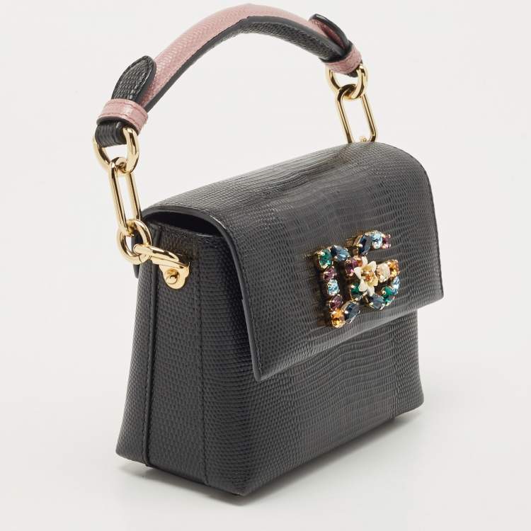 Pre Owned Dolce & Gabbana Black Lizard Embossed Leather DG Millennials Top Handle Bag