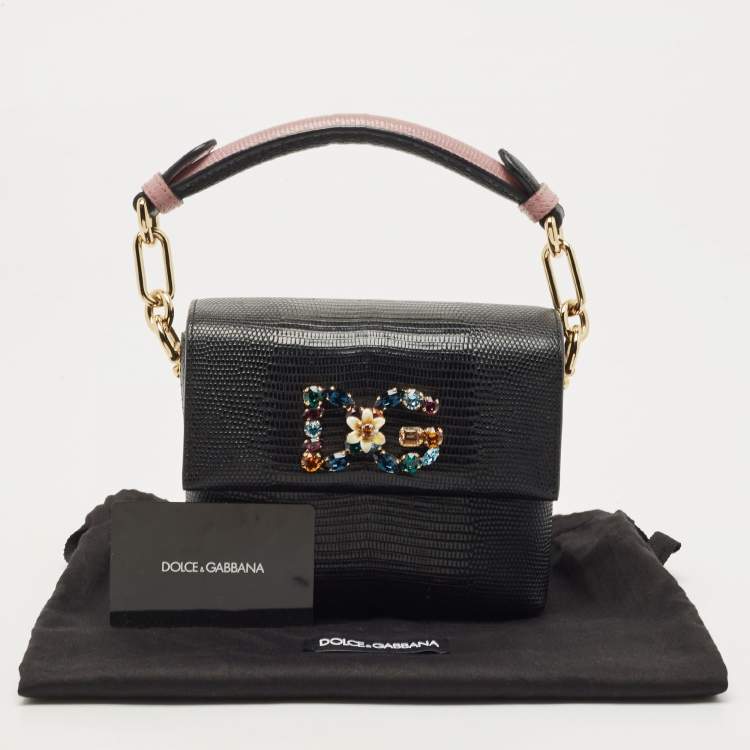 Pre Owned Dolce & Gabbana Black Lizard Embossed Leather DG Millennials Top Handle Bag