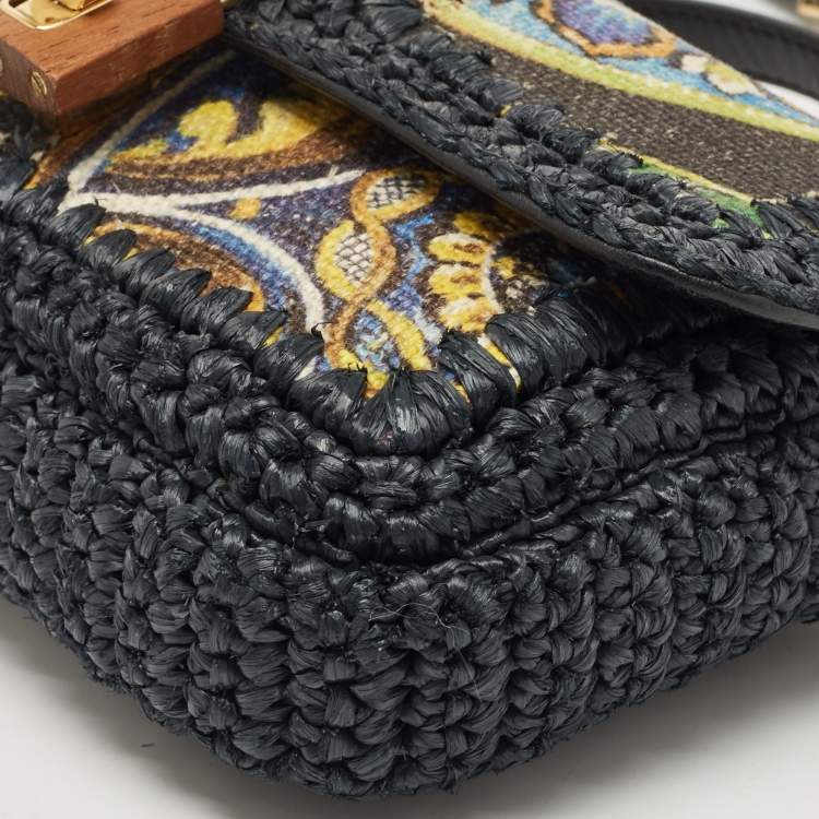 Pre Owned Dolce & Gabbana Navy Blue/Multicolor Printed Canvas and Straw Padlock Shoulder Bag