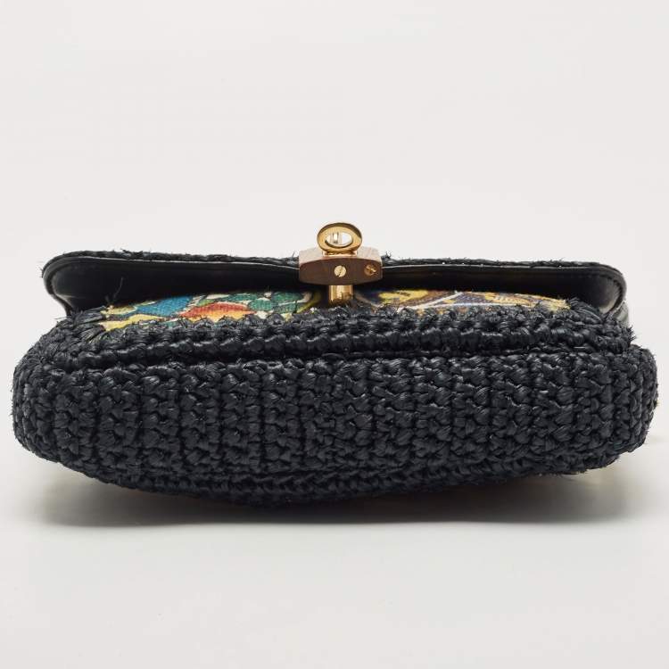 Pre Owned Dolce & Gabbana Navy Blue/Multicolor Printed Canvas and Straw Padlock Shoulder Bag