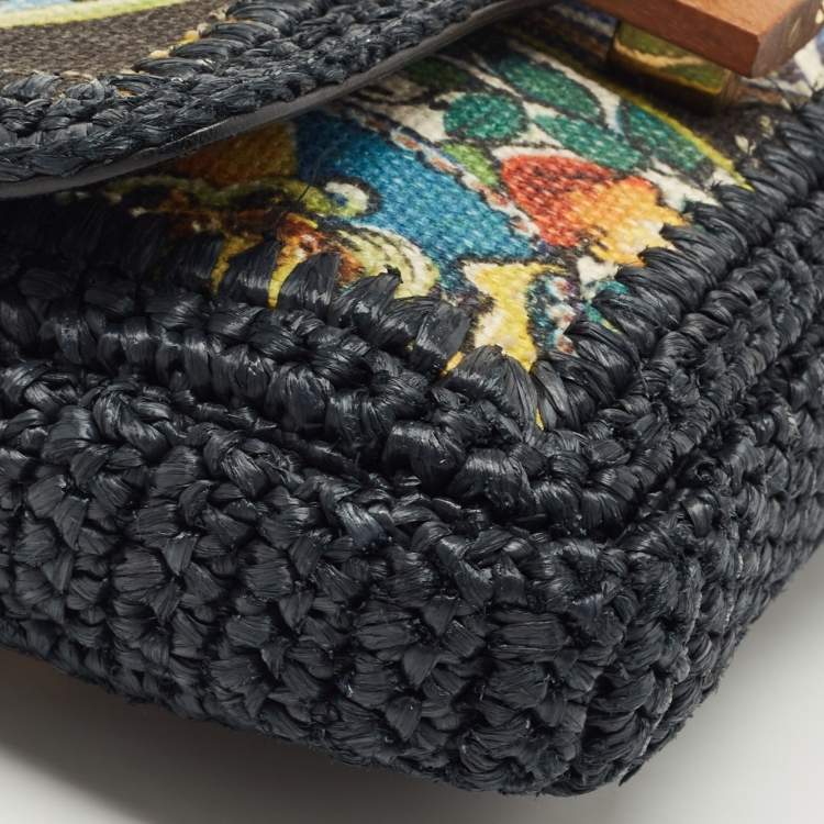 Pre Owned Dolce & Gabbana Navy Blue/Multicolor Printed Canvas and Straw Padlock Shoulder Bag